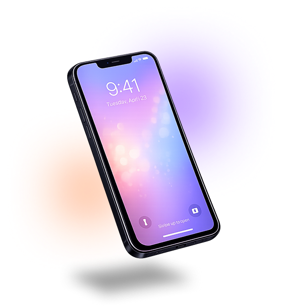 紫とオレンジ色のぼやけた背景に、スマートフォンが浮かんでいる様子