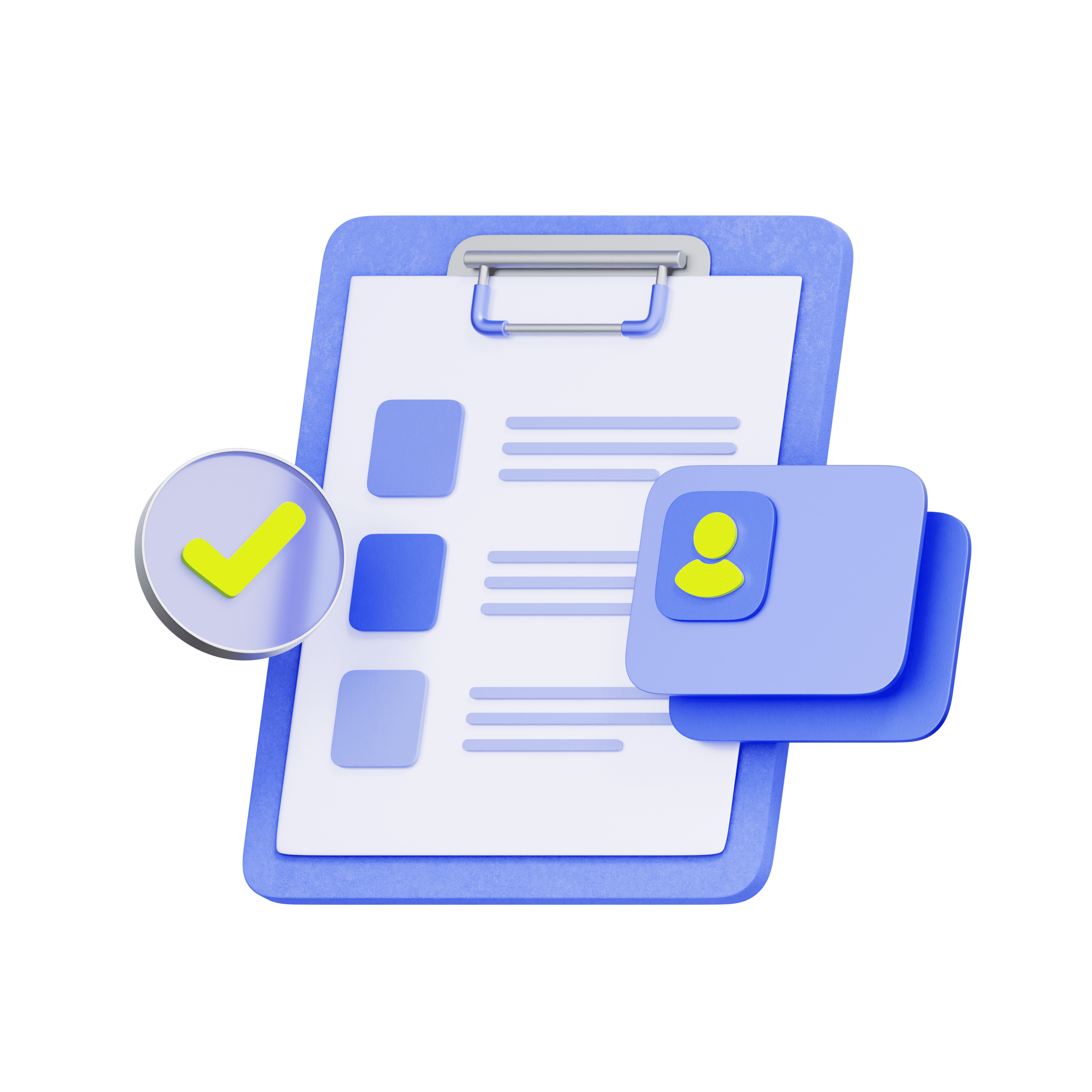 アカウント登録の3Dイラスト画像。バインダーに書類が挟まっている様子。